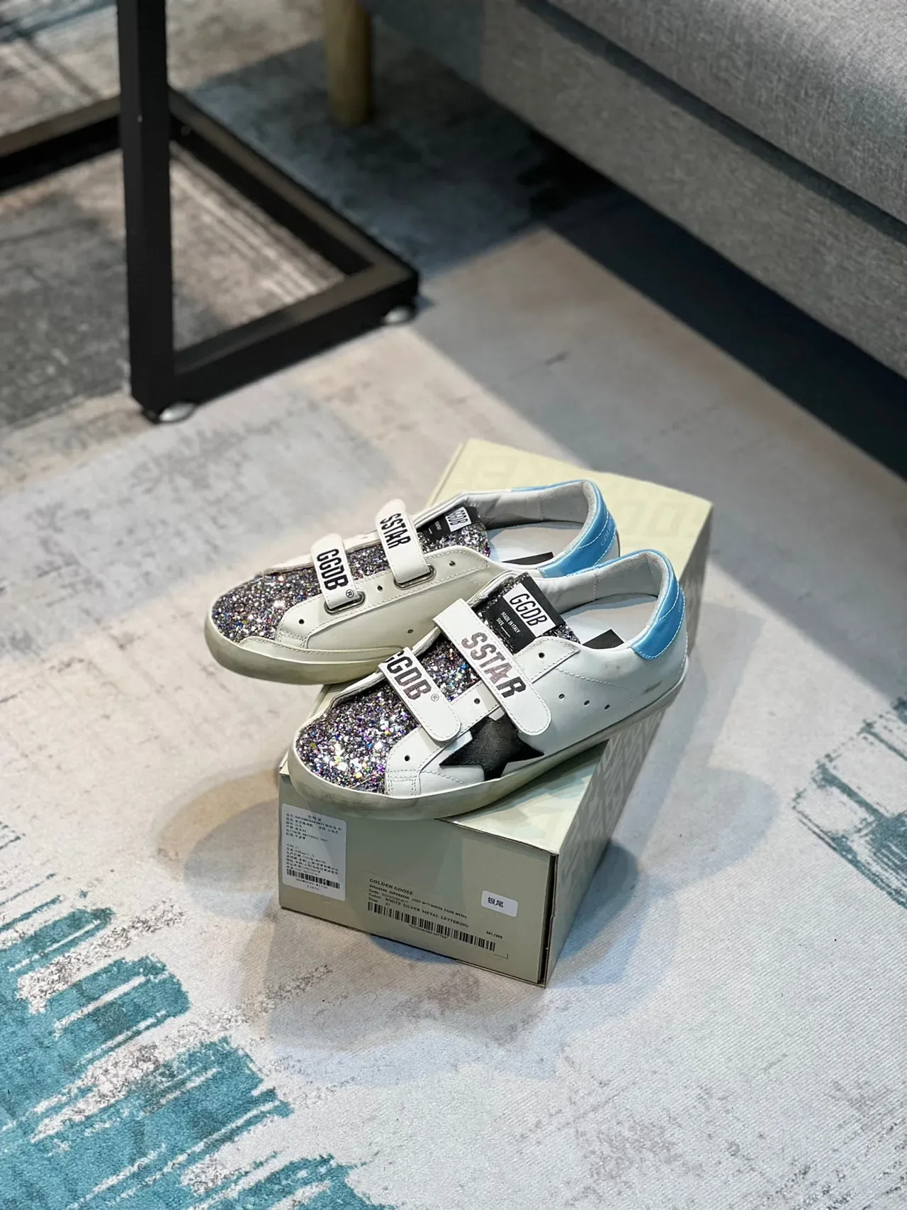 Golden Goose Super-Star blanc bleu Velcro sangle scintillant capuchon d'orteil style de vie sneakers 7