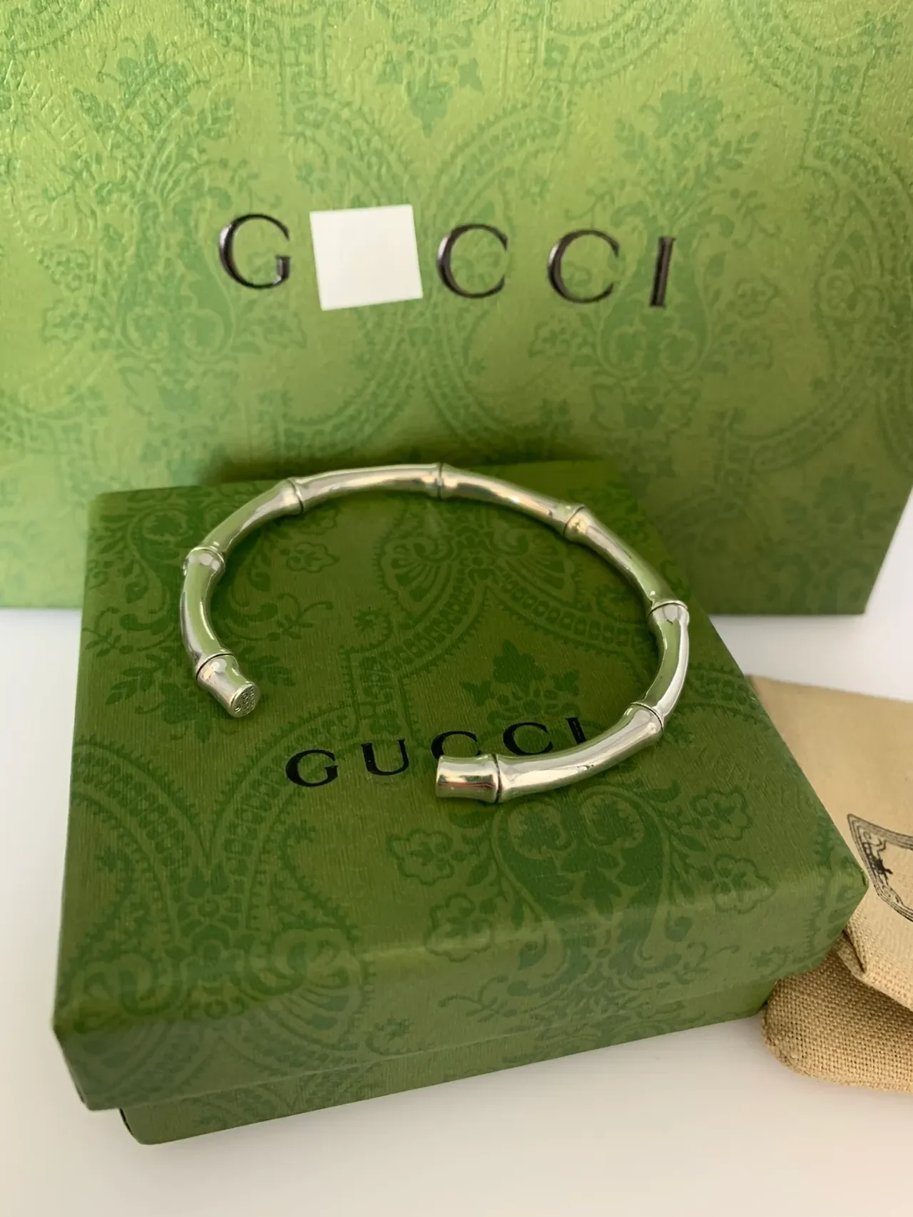 Gucci Bamboo Polished Silver Open Cuff Bracelet 5