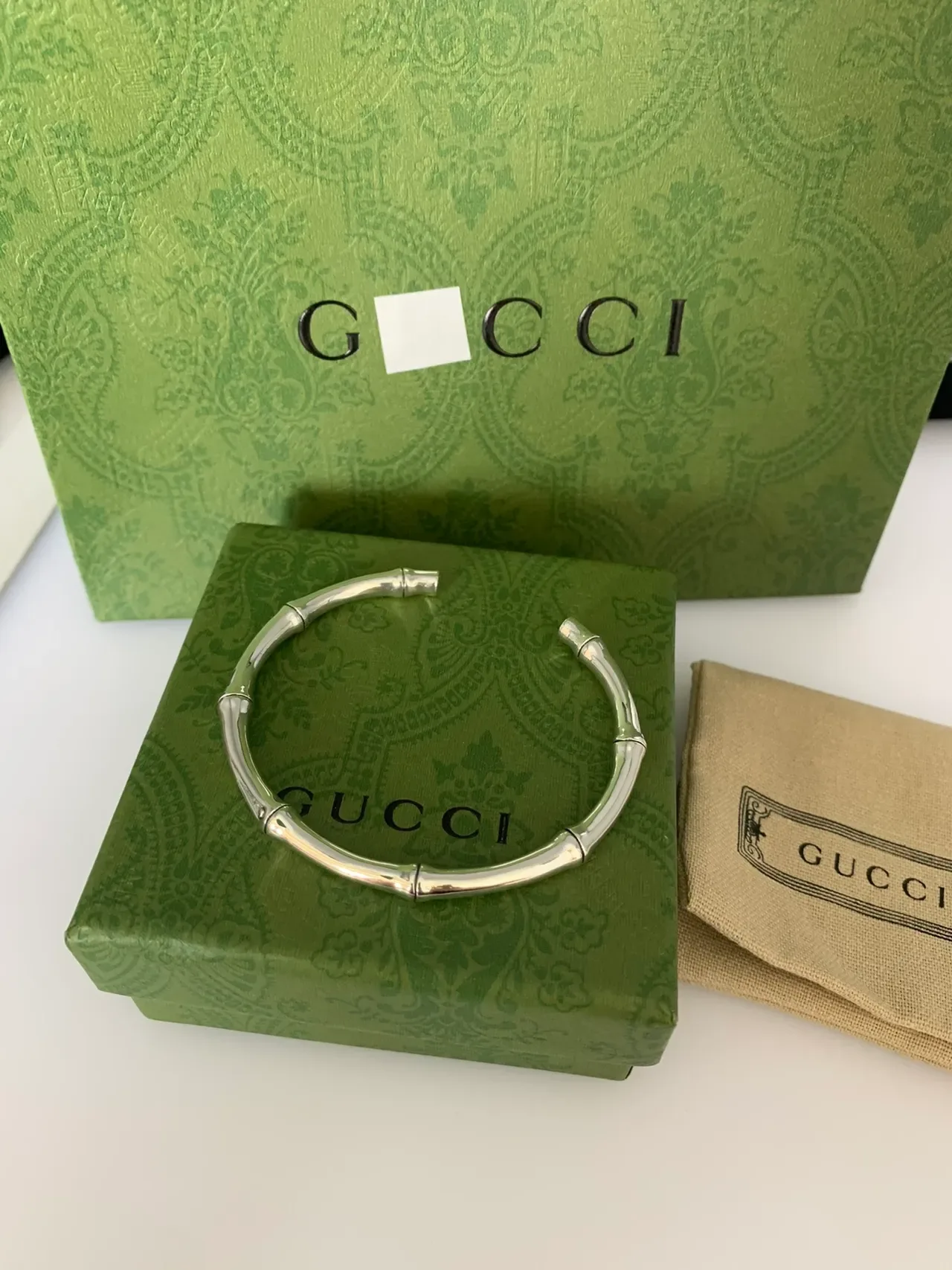Gucci Bamboo Polished Silver Open Cuff Bracelet 6