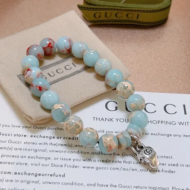 Gucci Beaded Marbled Stone and Silver-Tone Charm Bracelet 4