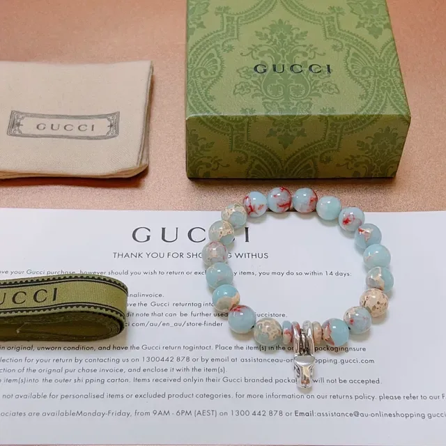 Gucci Beaded Marbled Stone and Silver-Tone Charm Bracelet 6