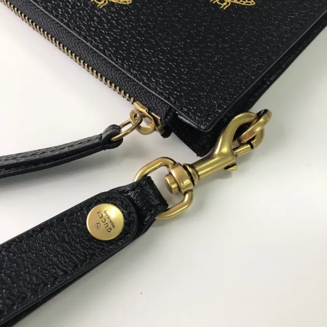 Gucci Bee and Star Motif Black Leather Wristlet 4