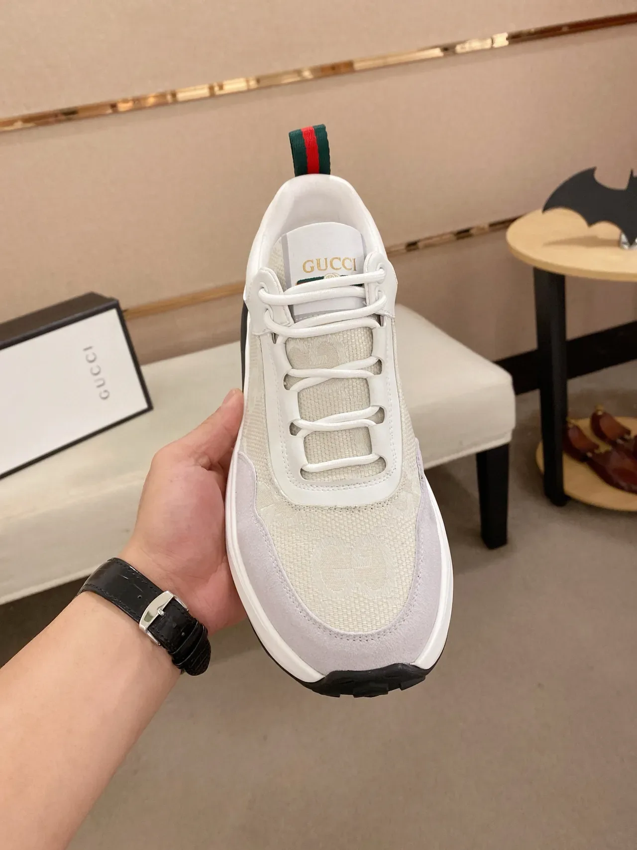 Gucci Bege Preto Monogramado Malha Couro Camurça Sobreposições Tênis Lifestyle 2