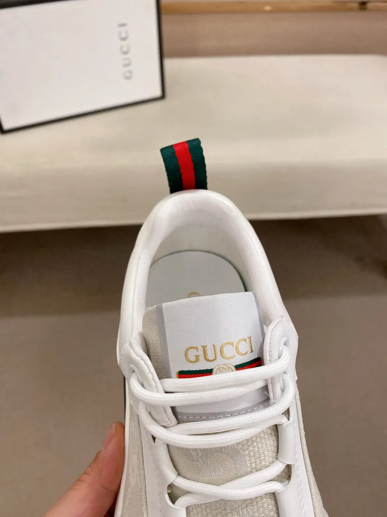 Gucci Bege Preto Monogramado Malha Couro Camurça Sobreposições Tênis Lifestyle 6