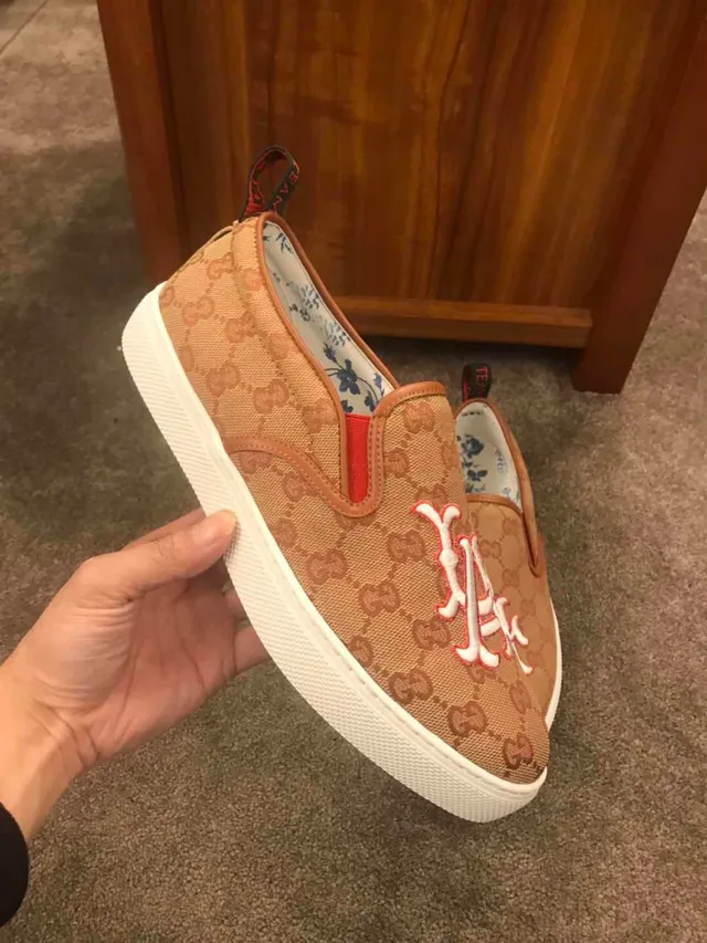 Gucci Beige White GG Monogram Canvas Embroidered Logo Loafer 4