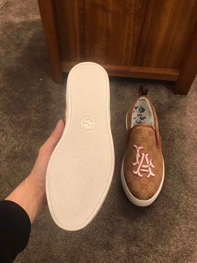 Gucci Beige White GG Monogram Canvas Embroidered Logo Loafer 5