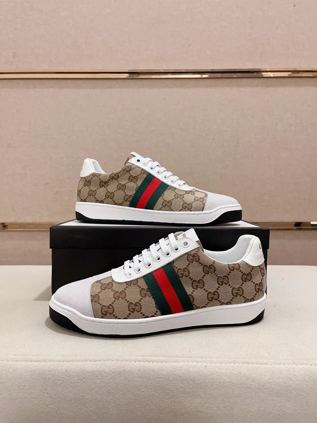 Gucci Beige White GG Monogram Canvas Web Stripe Accent Lifestyle Sneakers 7