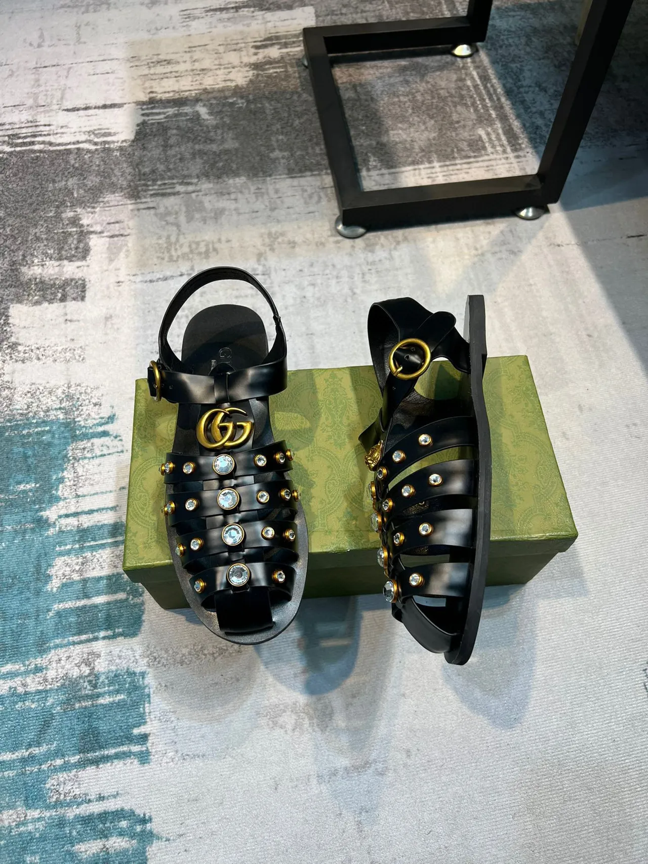 Gucci Black Gold Multi-Strap Crystal-Embellished Gladiator Sandals 4