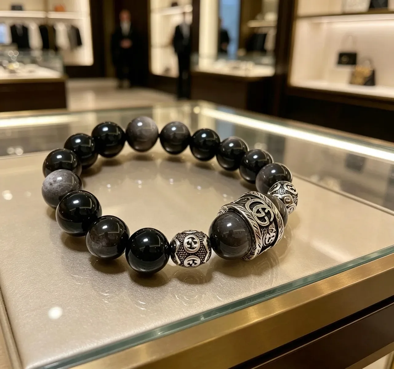 Gucci Bracelet Noir Gris Perles Charms Métalliques 3