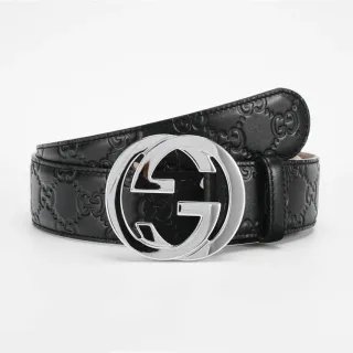 Gucci Black Silver GG-Embossed Interlocking G Buckle Leather Belt
