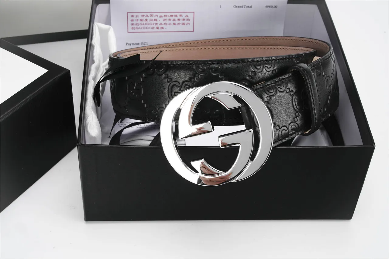 Gucci Black Silver GG-Embossed Interlocking G Buckle Leather Belt 2