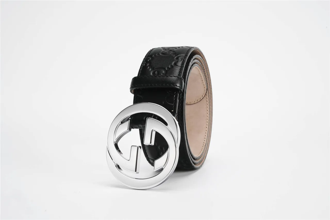 Gucci Black Silver GG-Embossed Interlocking G Buckle Leather Belt 6