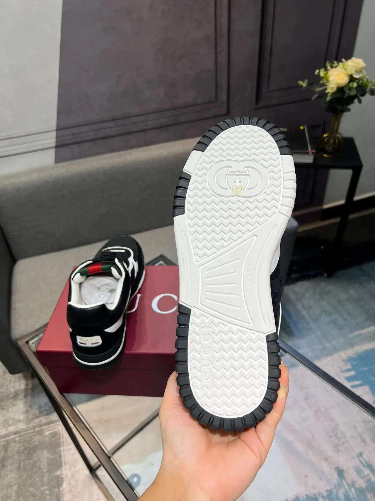 Gucci Negro Blanco GG Monogram Lona Superior Franja Roja-Verde Cuello Lifestyle Sneakers 5