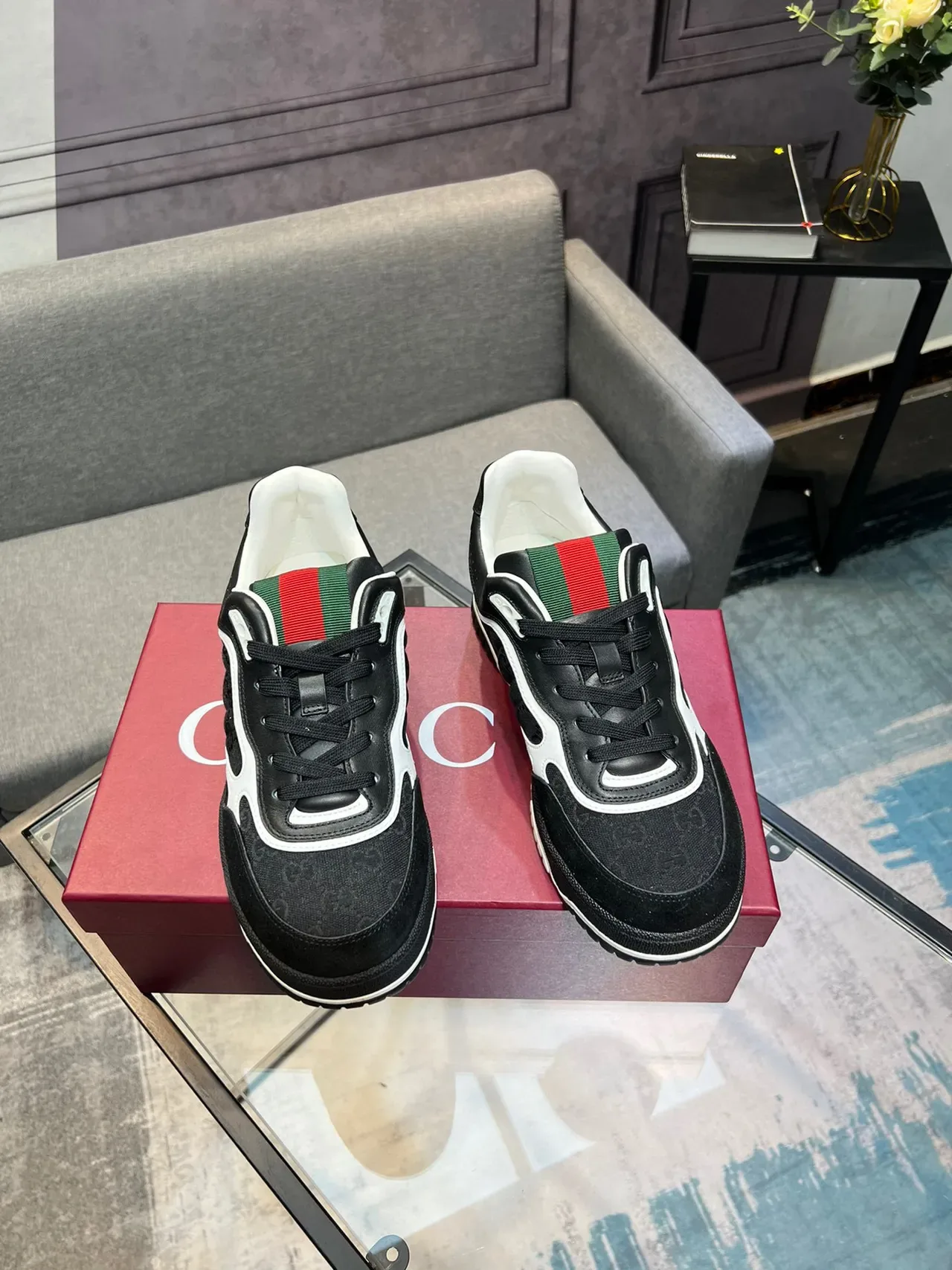 Gucci Negro Blanco GG Monogram Lona Superior Franja Roja-Verde Cuello Lifestyle Sneakers 6