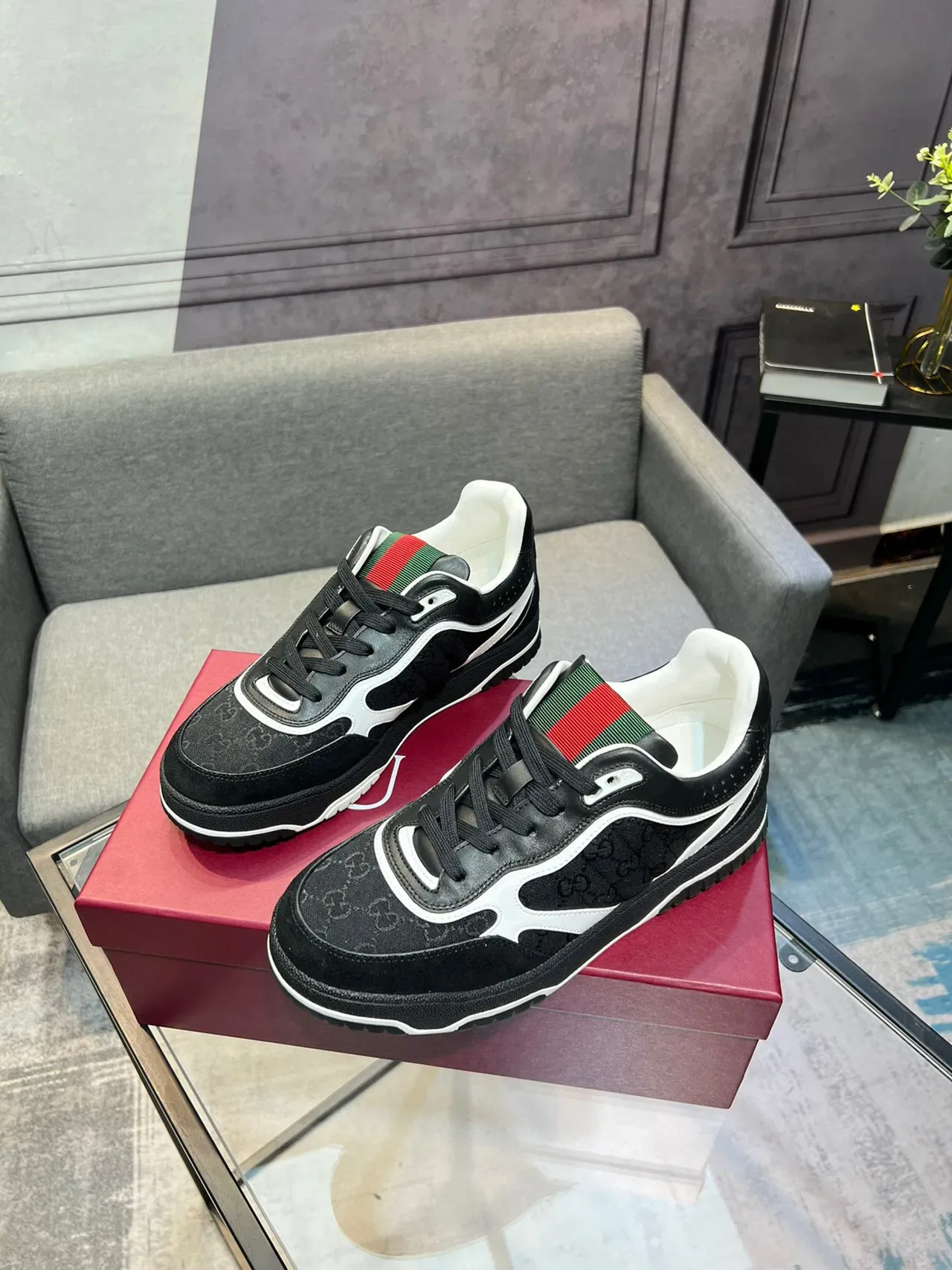 Gucci Negro Blanco GG Monogram Lona Superior Franja Roja-Verde Cuello Lifestyle Sneakers 9