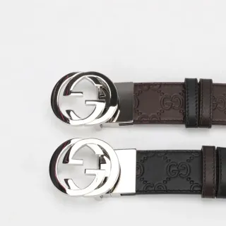 Gucci Brown Black Interlocking Double G Buckle Embossed GG Monogram Leather Belt