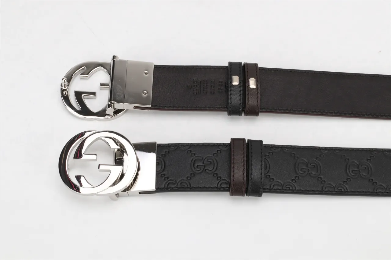 Gucci Brown Black Interlocking Double G Buckle Embossed GG Monogram Leather Belt 2