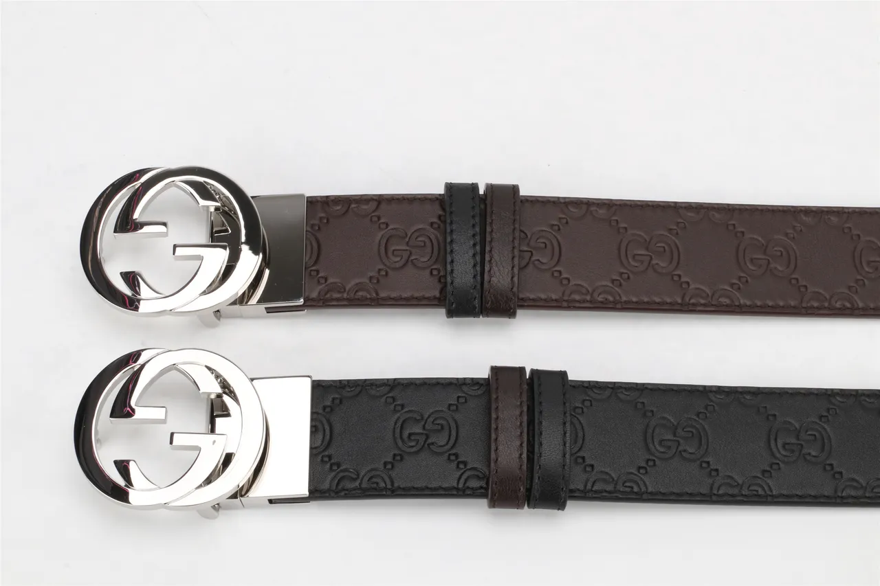 Gucci Brown Black Interlocking Double G Buckle Embossed GG Monogram Leather Belt 3