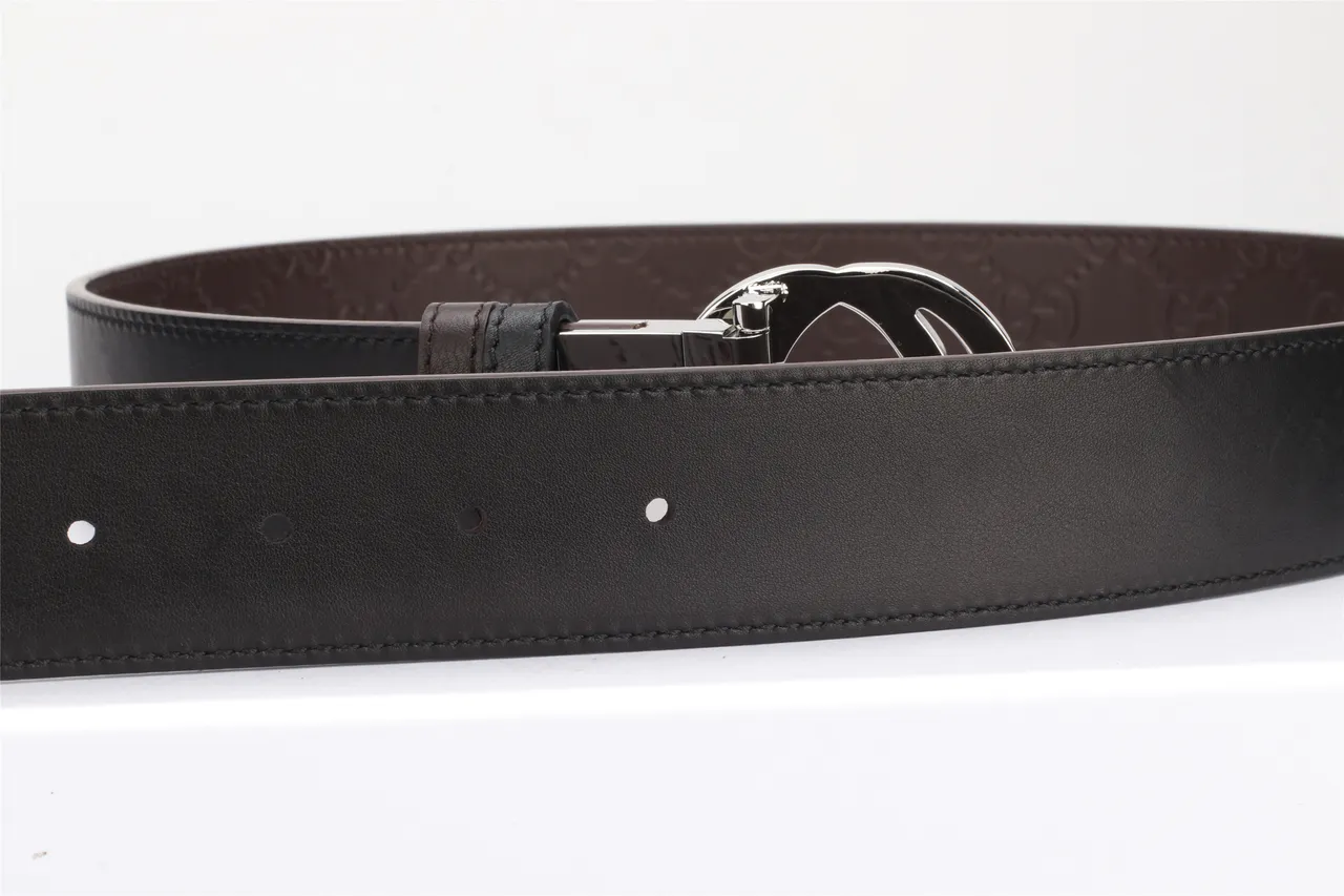 Gucci Brown Black Interlocking Double G Buckle Embossed GG Monogram Leather Belt 5
