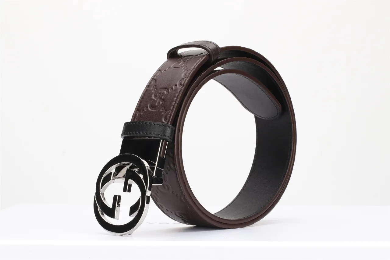 Gucci Brown Black Interlocking Double G Buckle Embossed GG Monogram Leather Belt 6