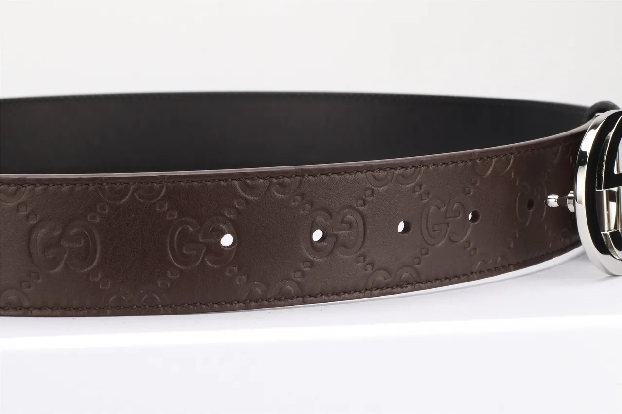 Gucci Brown Black Interlocking Double G Buckle Embossed GG Monogram Leather Belt 7
