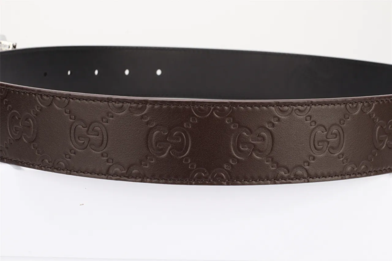Gucci Brown Black Interlocking Double G Buckle Embossed GG Monogram Leather Belt 8