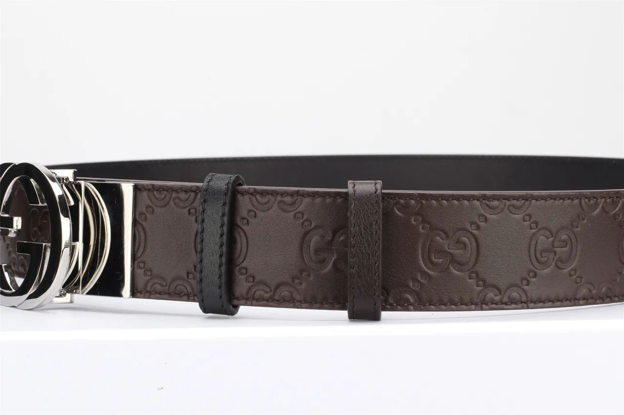 Gucci Brown Black Interlocking Double G Buckle Embossed GG Monogram Leather Belt 9