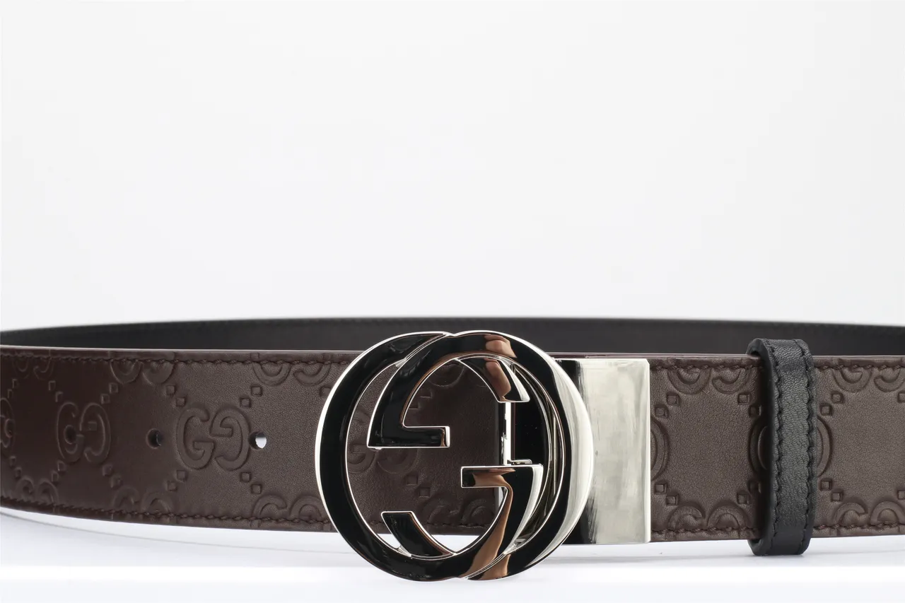 Gucci Brown Black Interlocking Double G Buckle Embossed GG Monogram Leather Belt 10