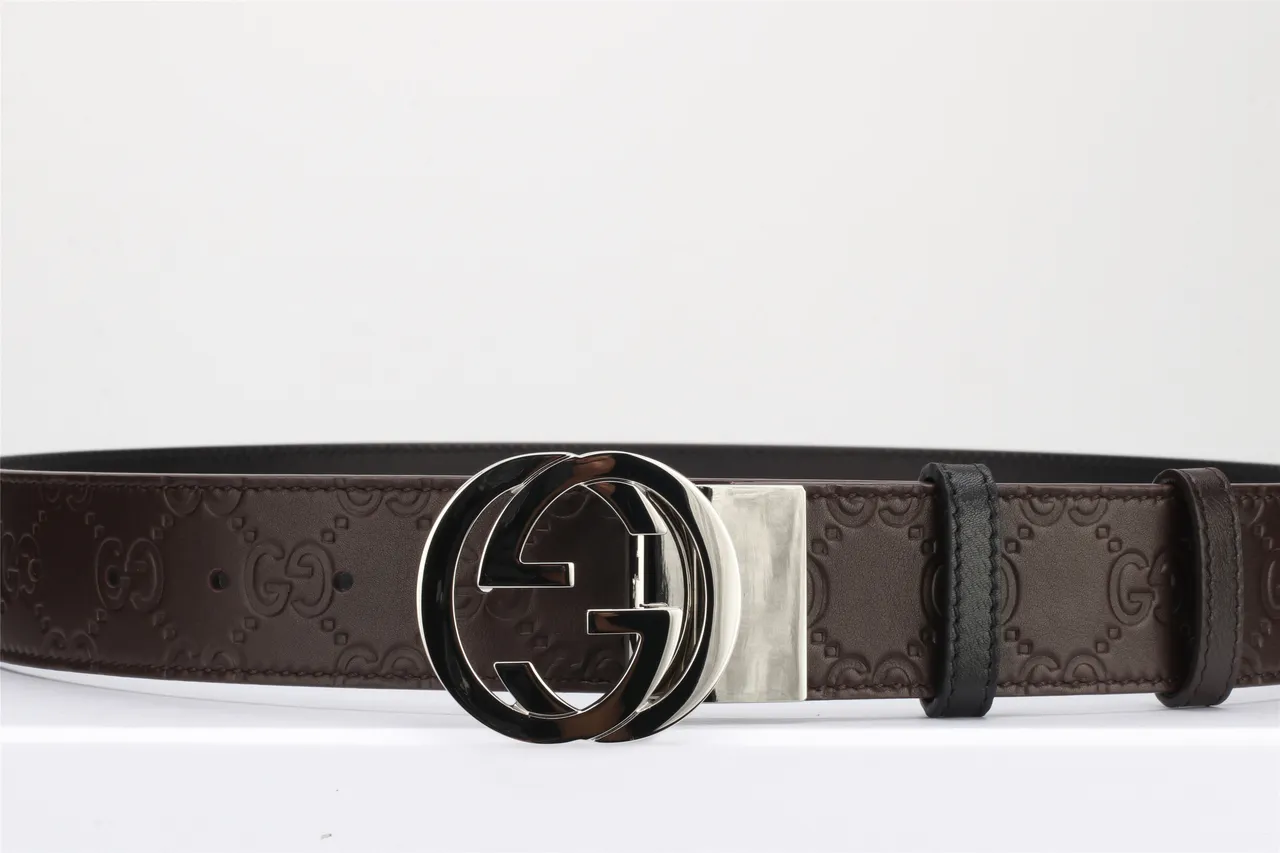 Gucci Brown Black Interlocking Double G Buckle Embossed GG Monogram Leather Belt 11