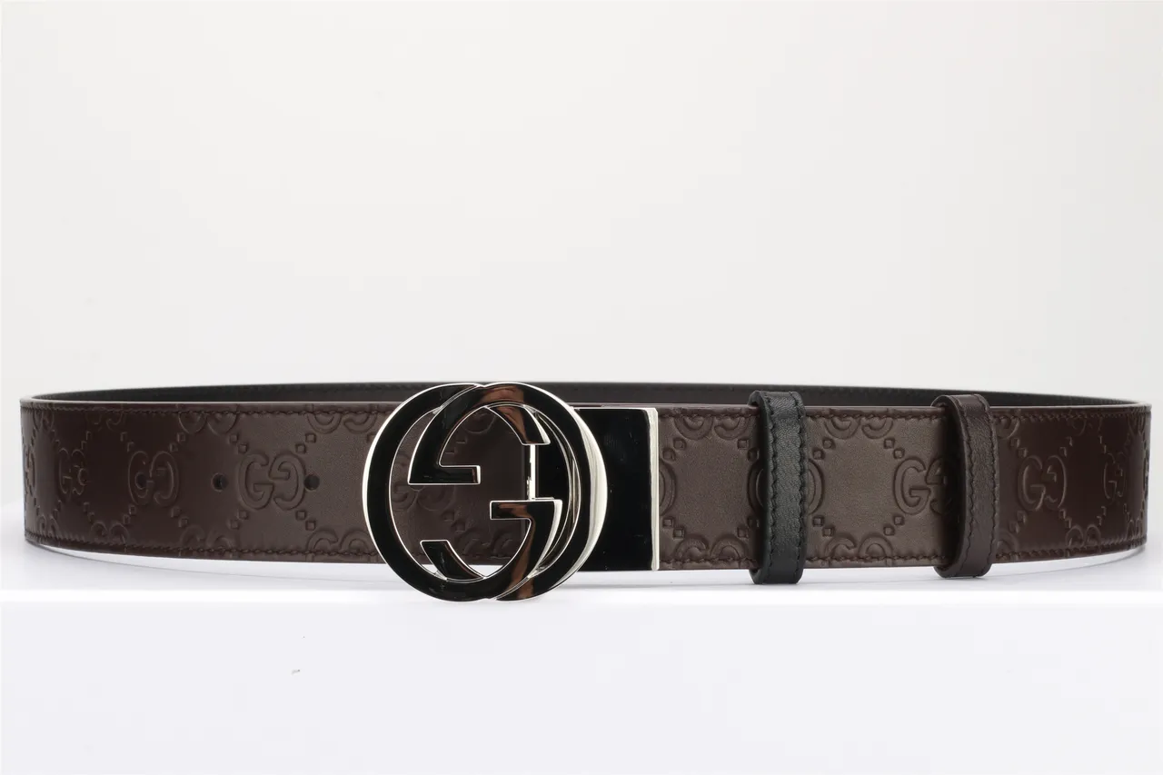 Gucci Brown Black Interlocking Double G Buckle Embossed GG Monogram Leather Belt 12