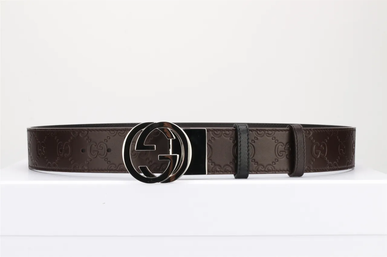 Gucci Brown Black Interlocking Double G Buckle Embossed GG Monogram Leather Belt 13