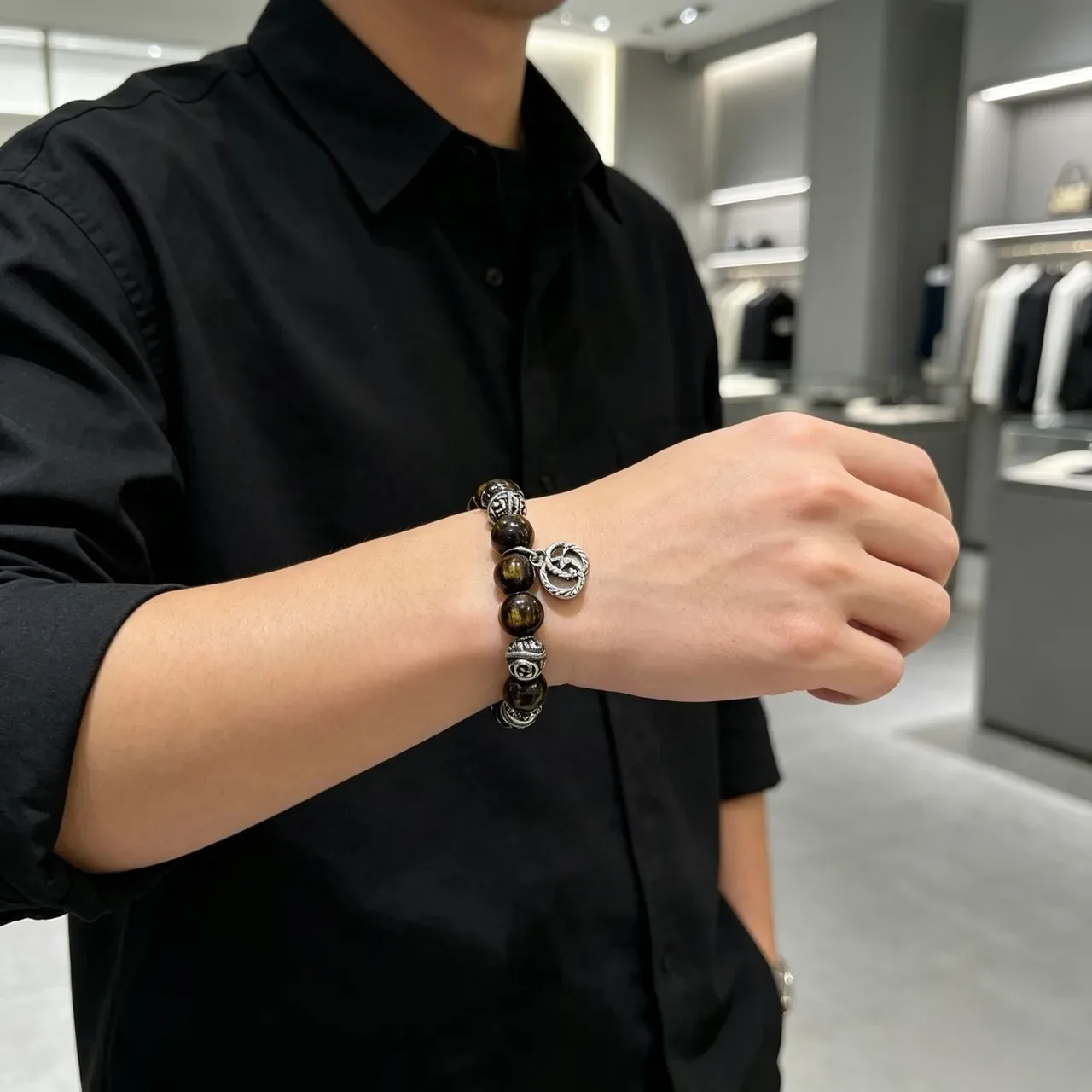 Gucci Pulsera Marrón Plata Perlas Ojo de Tigre 3