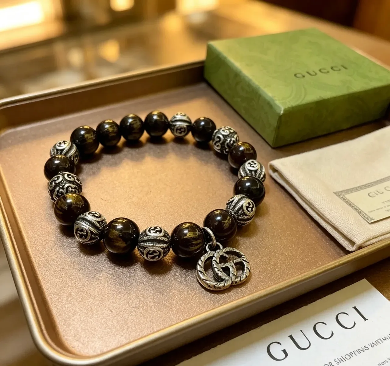 Gucci Pulsera Marrón Plata Perlas Ojo de Tigre 4