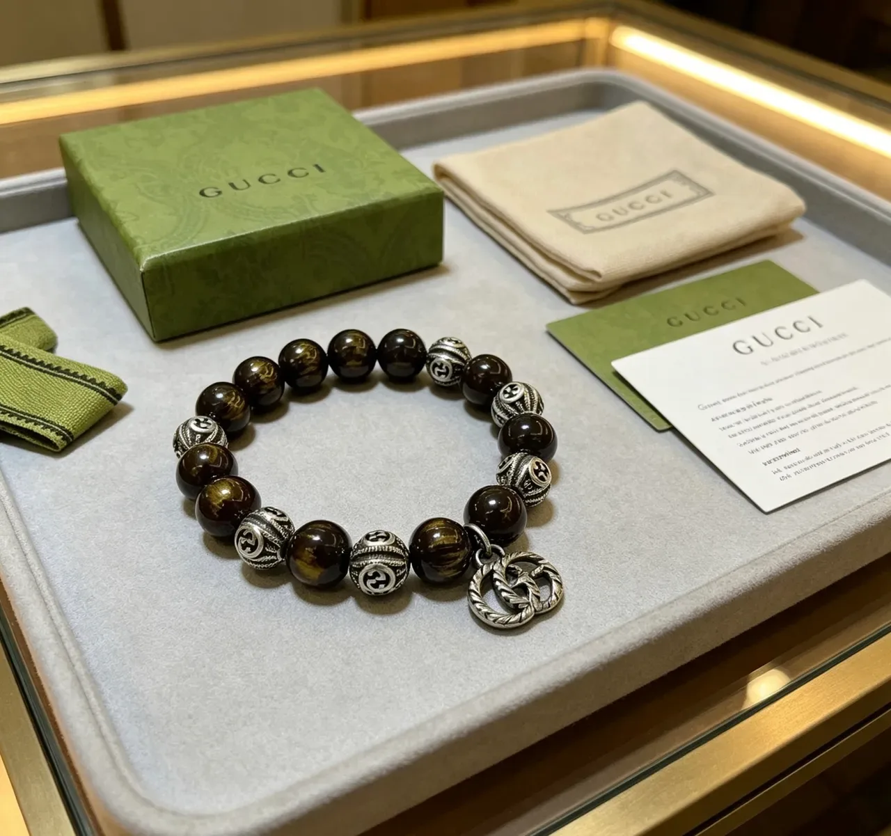 Gucci Pulsera Marrón Plata Perlas Ojo de Tigre 6