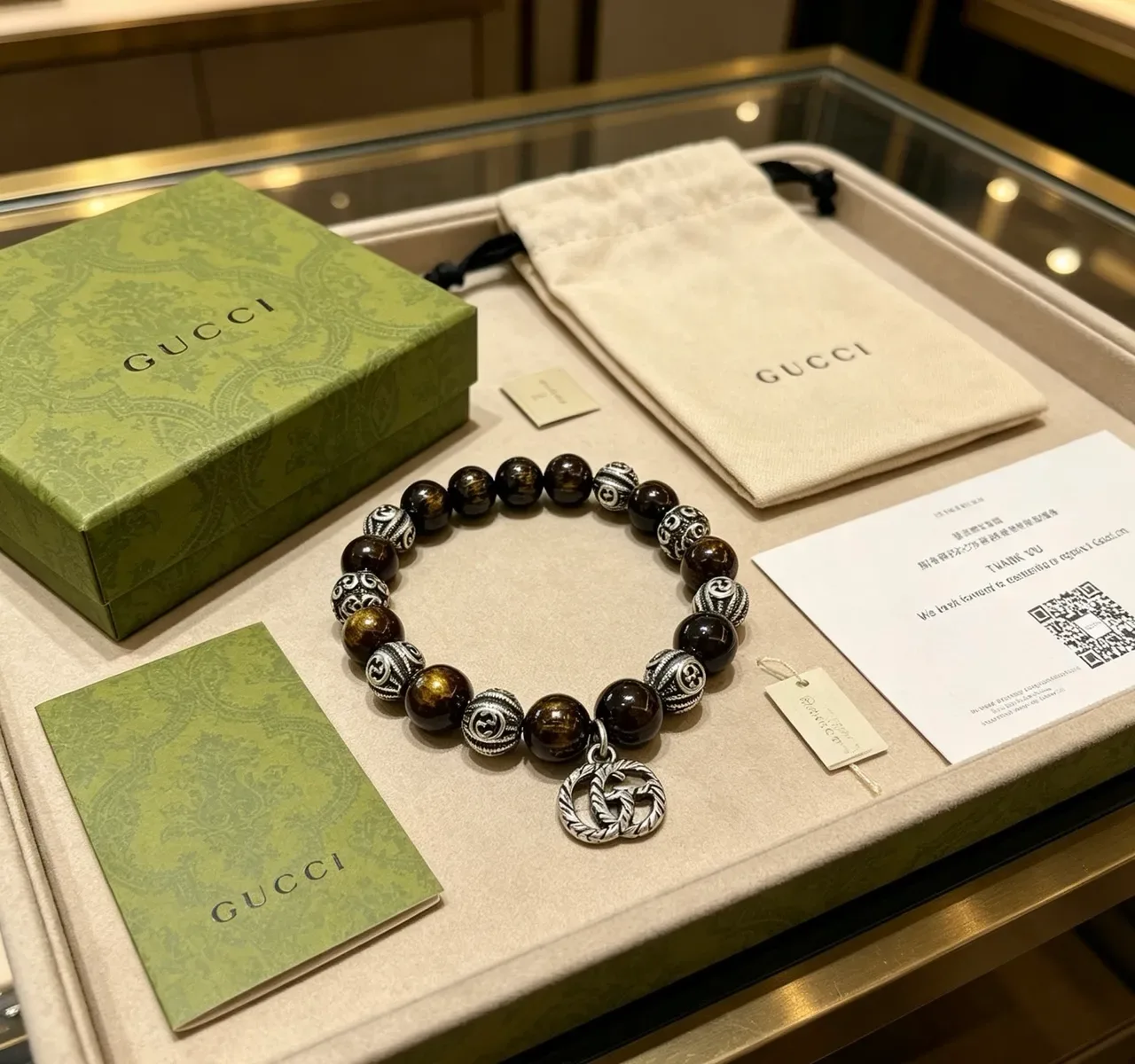 Gucci Pulsera Marrón Plata Perlas Ojo de Tigre 7