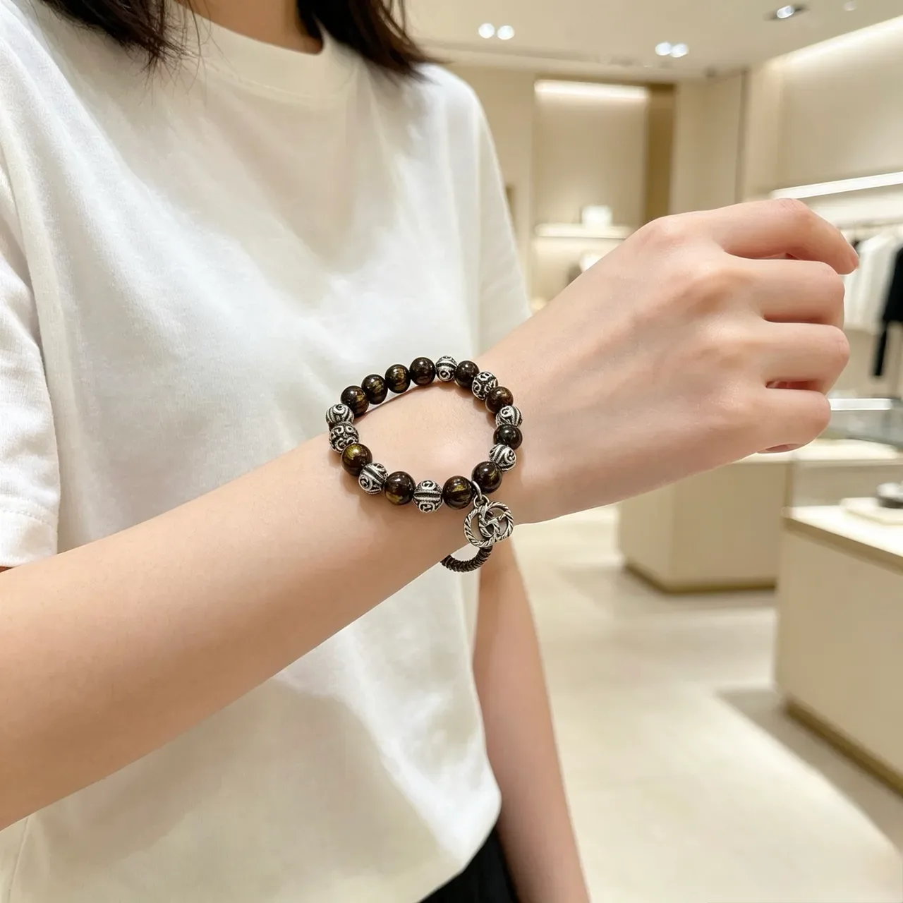 Gucci Pulsera Marrón Plata Perlas Ojo de Tigre 8