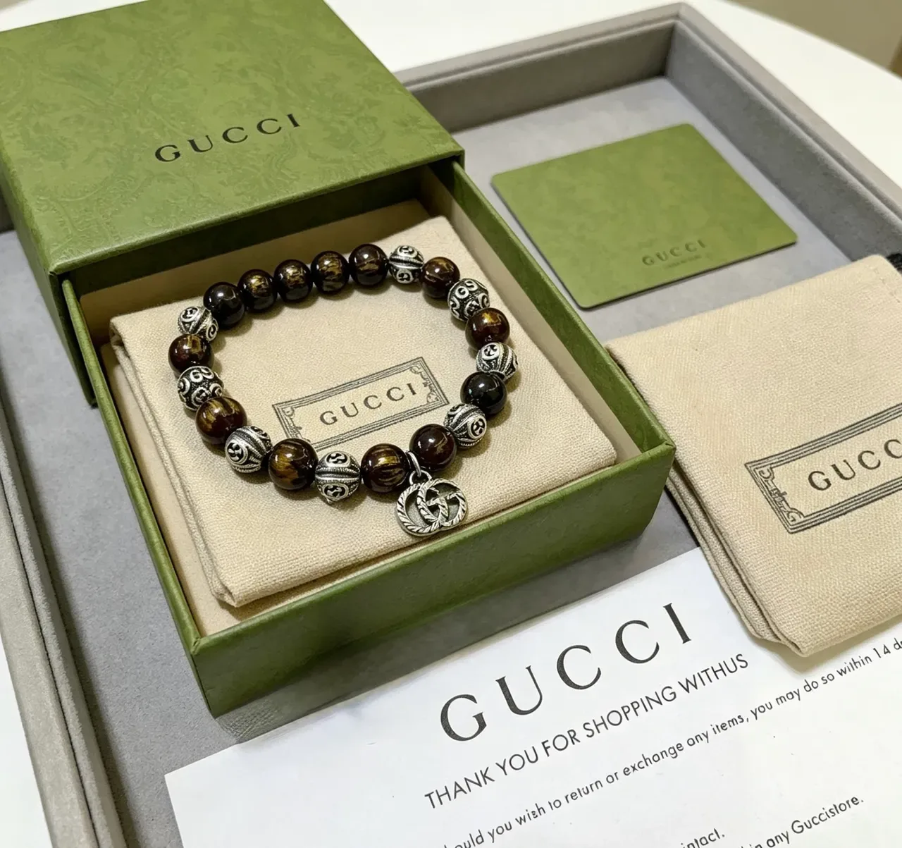 Gucci Pulsera Marrón Plata Perlas Ojo de Tigre 9
