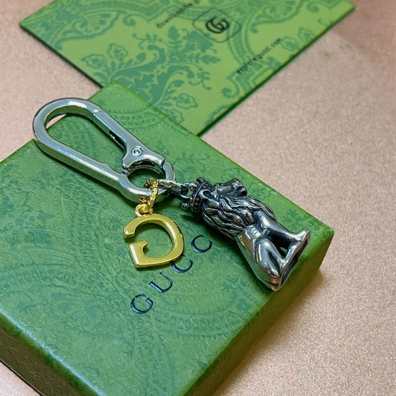 Gucci Crowned Lion Keychain Silver Gold Charm G Logo Bracelet 6
