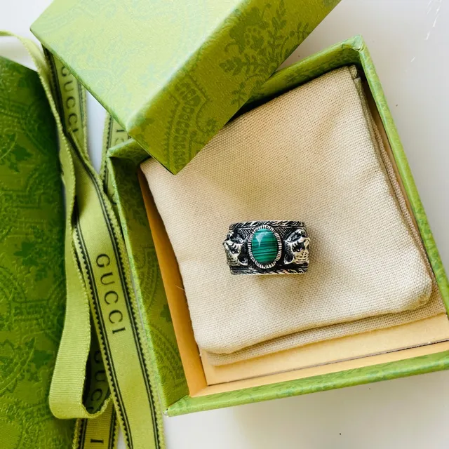Gucci Dionysus Green Silver Wide Band Malachite Cabochon Ring 2