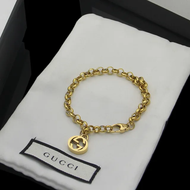 Gucci Double G Gold Silver Interlocking Logo Pendant Oval-Link Chain Bracelet 4