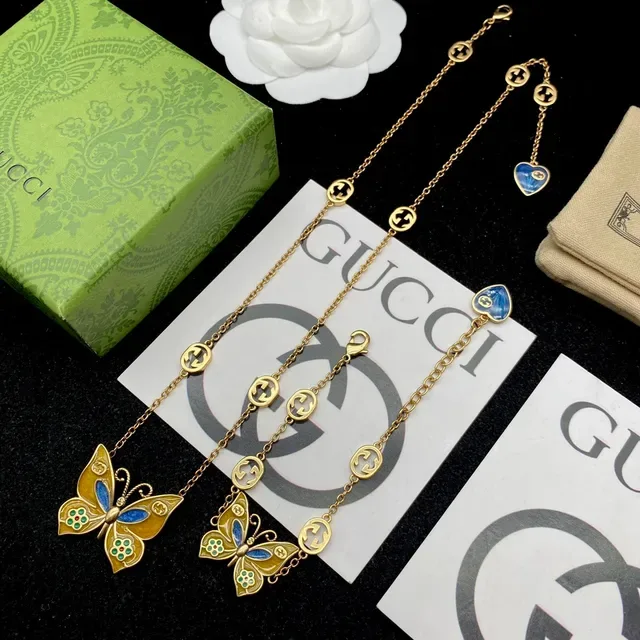 Gucci Enamel Butterfly and Interlocking G Charm Necklace 6
