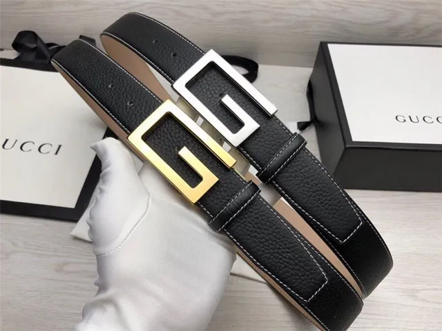 Gucci G-Buckle 黑色金色粒面对比白色缝线皮革腰带 2