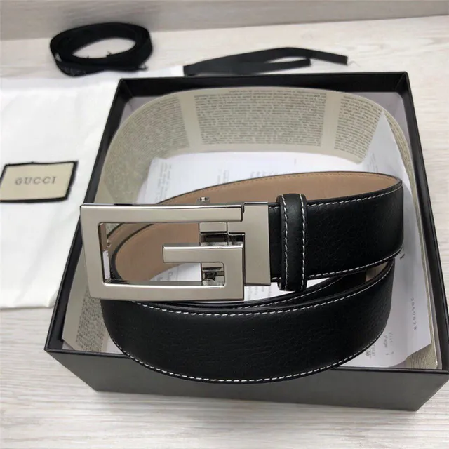 Gucci G-Buckle 黑色金色粒面对比白色缝线皮革腰带 3