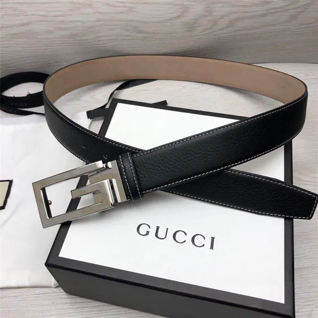 Gucci G-Buckle 黑色金色粒面对比白色缝线皮革腰带 5