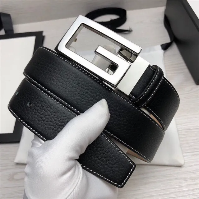 Gucci G-Buckle 黑色金色粒面对比白色缝线皮革腰带 6