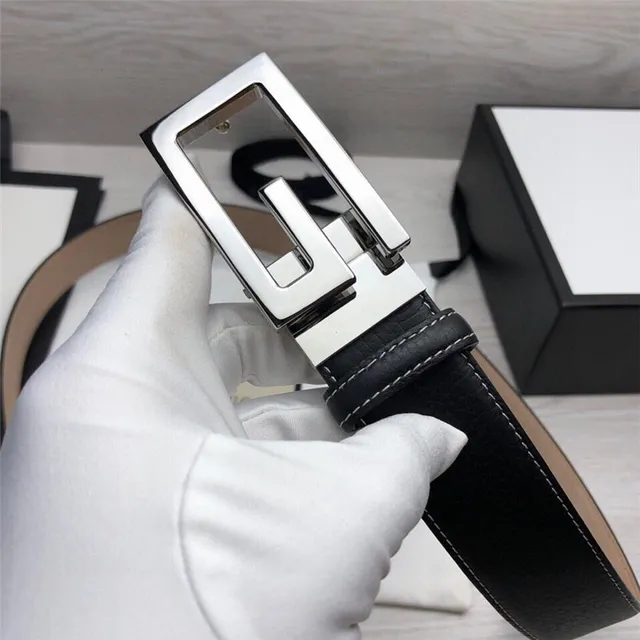 Gucci G-Buckle 黑色金色粒面对比白色缝线皮革腰带 7