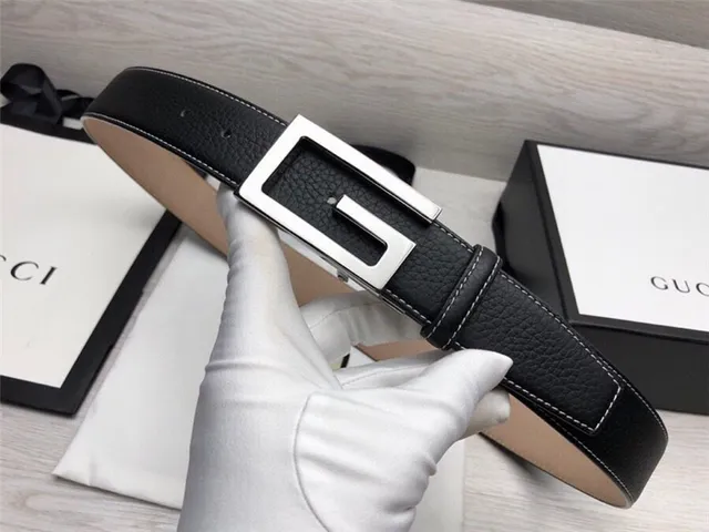 Gucci G-Buckle 黑色金色粒面对比白色缝线皮革腰带 10