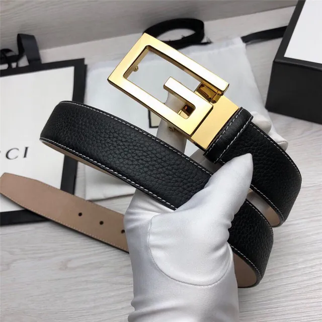 Gucci G-Buckle 黑色金色粒面对比白色缝线皮革腰带 14