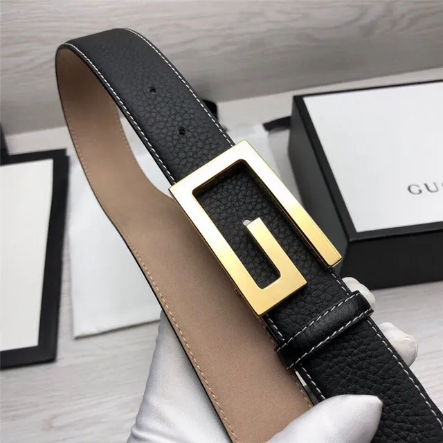Gucci G-Buckle 黑色金色粒面对比白色缝线皮革腰带 15
