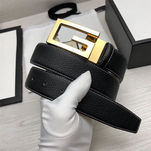 Gucci G-Buckle 黑色金色粒面对比白色缝线皮革腰带 16